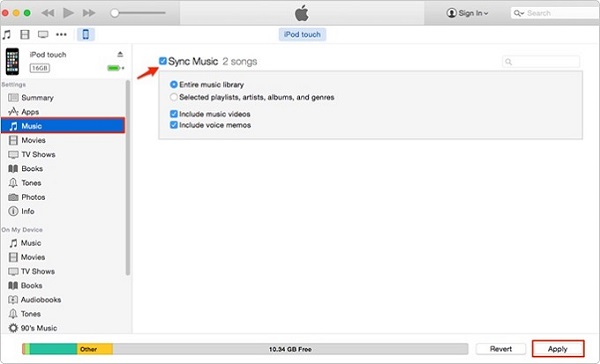 Затем вы можете скопировать и вставить добавленные аудиокниги из библиотеки iTunes в iPod Touch, который должен отображаться в левой части iTunes